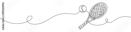 Vector pencil drawing illustration of tennis racket and ball. Hand drawn style design of sport equipment icon with line. Athletic tool for tennis game training. Symbol of active lifestyle
