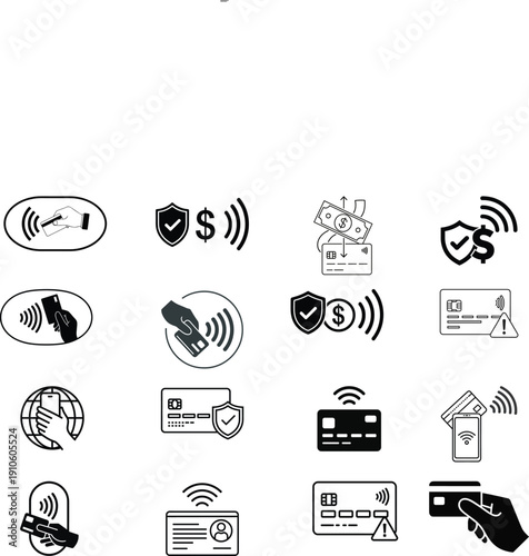Mobile payment flat icon set showing nfc transaction methods tap to pay secure wireless banking credit card phone