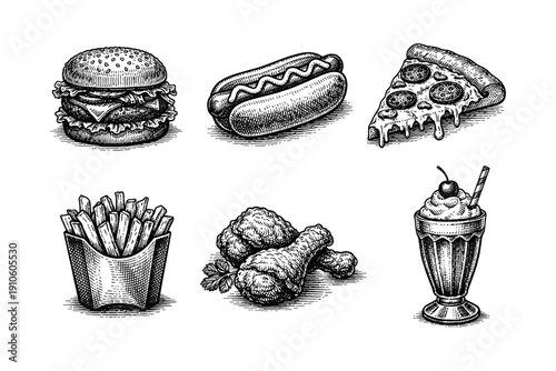 Vintage fast food engraving set, retro  in woodcut style isolated background