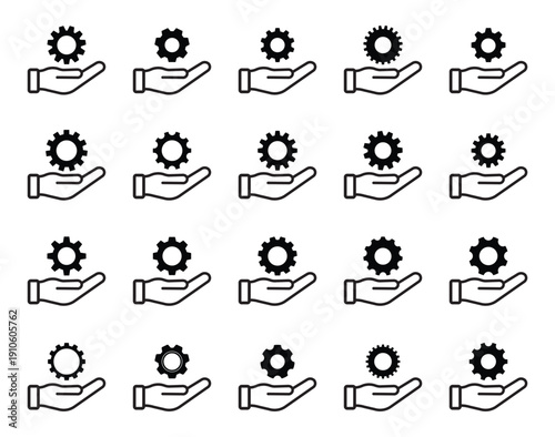 Set of hand holding gear icons isolated on white background. Minimal line vector symbols representing service, support, maintenance, settings and technical assistance, ideal for business.