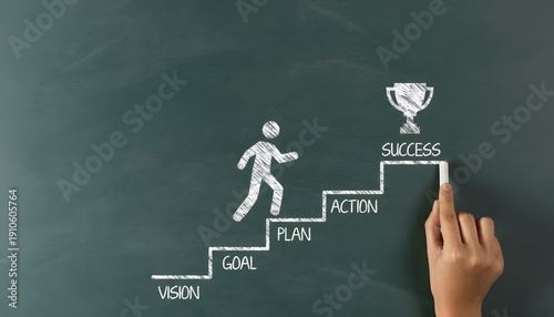 Person climbing stairs to success with vision goal plan action