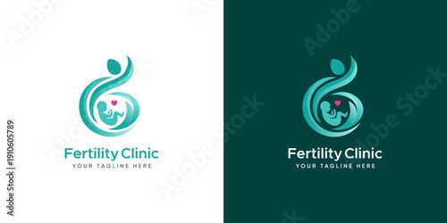 Fertility Clinic Logo Design featuring a mother pregnant with a baby and a heart symbol, representing reproductive health, pregnancy care, successful fertilization, IVF clinics, and maternity services