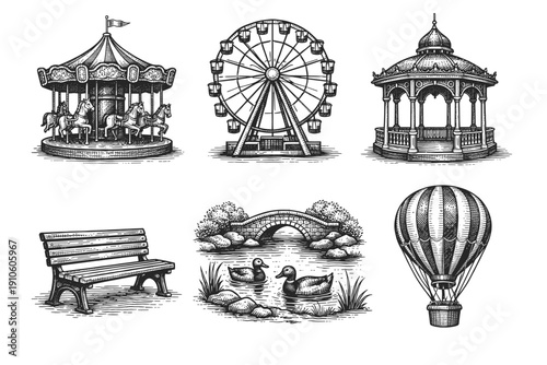 Vintage amusement park engraving set, retro carnival attractions and fairground sketches in woodcut style
