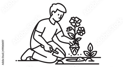 Man kneeling to plant flowers in a pot from a garden container