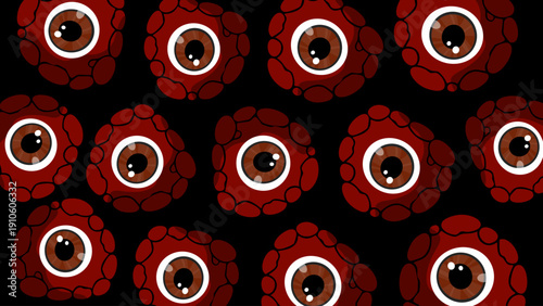 seamless pattern of creepy red monster eyeballs with many eyes on black