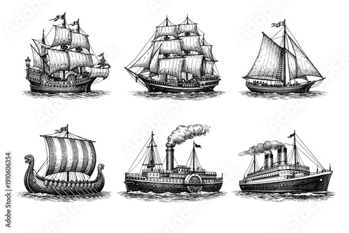 Vintage maritime vessel engraving set, antique sailing ships and early steamboats in woodcut style
