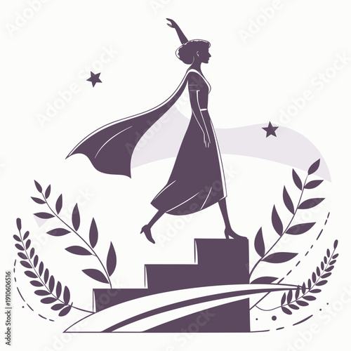 Empowered woman silhouette climbing steps to success