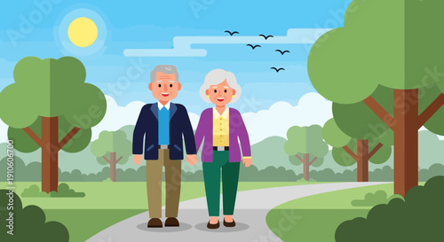 Elderly couple walking together in a serene park landscape.