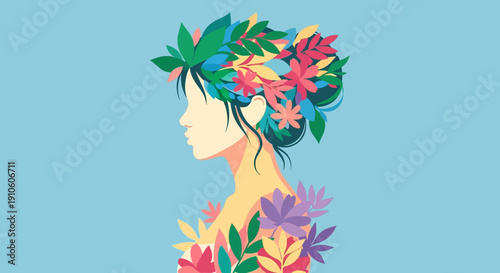 Woman with Floral Hair and Shoulders in Vibrant Colors.