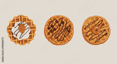 Three waffles with different toppings on a beige background.