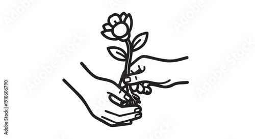Hands gently holding a blooming flower stem with leaves and buds in a delicate illustration