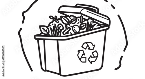 Recycling bin filled with leaves and branches, viewed from the side, in a simple line drawing style