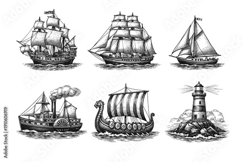 Vintage maritime vessel engraving set, antique sailing ships and early steamboats in woodcut style