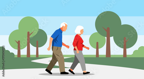 Elderly Couple Walking Together in a Serene Park.