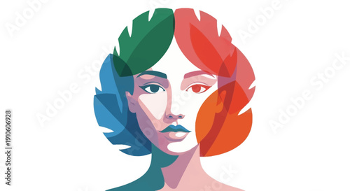 Vibrant illustration of a person's face with colorful leaves.