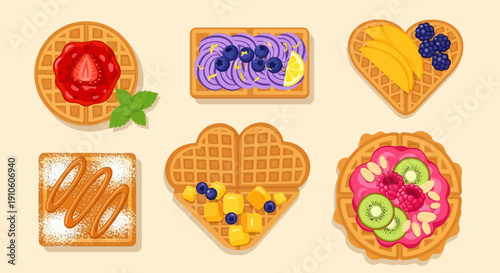 Assorted Waffles with Fresh Fruits and Toppings.