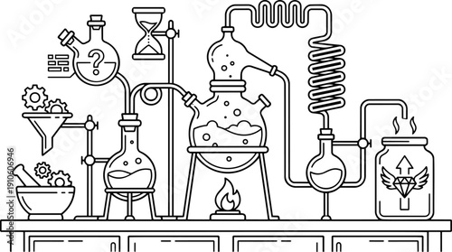 Vector Line Art of Business Alchemy: Distilling Research and Questions into Value and Success (Diamond)