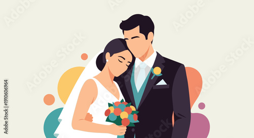Illustration of a bride and groom embracing on their wedding day.