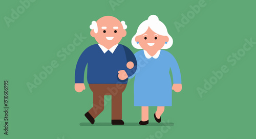 Elderly couple walking together happily hand in hand.