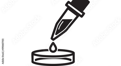 A dropper dropping a single drop of liquid into a petri dish from a high angle viewpoint