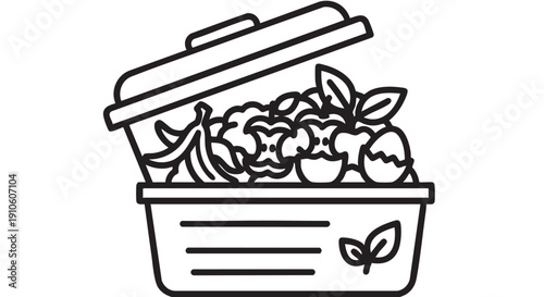 A container filled with assorted fresh produce displayed from an overhead perspective