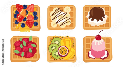 Assorted Waffles with Fresh Fruits and Sweet Toppings.