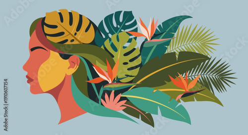 Woman surrounded by tropical leaves and flowers in a vibrant illustration.