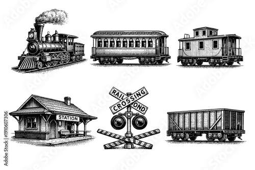 Vintage train, railway engraving set, retro steam locomotive and railroad sketches in woodcut style
