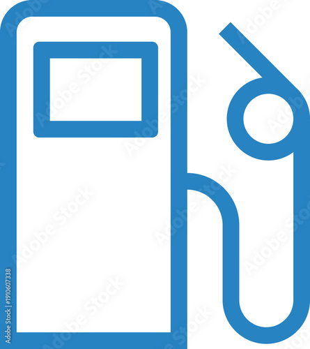 Simple blue icon of a gas pump with a hose and nozzle for fuel dispensing
