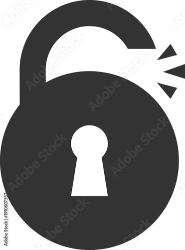 Simple dark grey icon of an unlocked padlock with a broken shackle