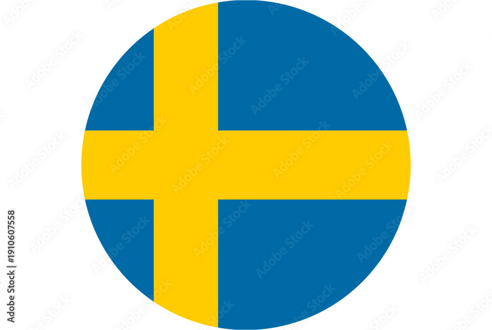 Obraz premium Circular Swedish flag emblem with a bold yellow cross on a blue background