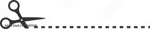 Simple graphic of scissors cutting a dashed line on a black background