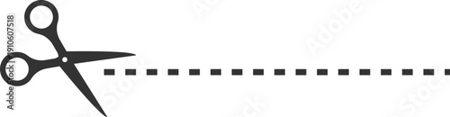Simple graphic of scissors cutting a dashed line on a black background