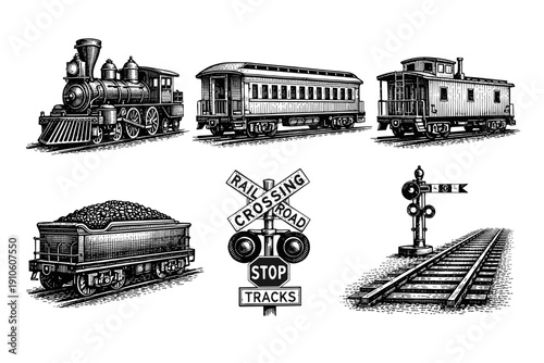 Vintage train, railway engraving set, retro steam locomotive and railroad sketches in woodcut style