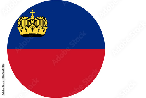 Circular Liechtenstein flag with golden crown emblem on blue and red background