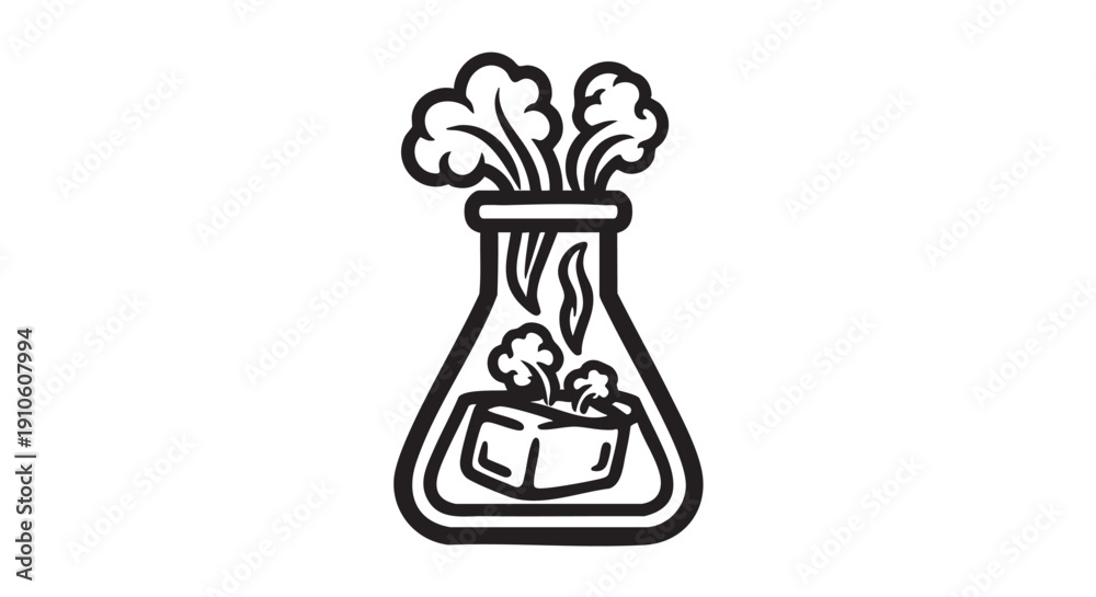 Fototapeta premium A laboratory flask illustration containing a chemical reaction with smoke and vapor rising from the container in a scientific setting
