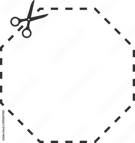 Scissors cutting a dashed octagon shape on a black background, graphic design element