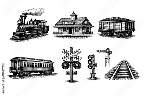 Vintage train, railway engraving set, retro steam locomotive and railroad sketches in woodcut style
