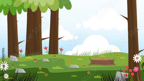 green forest landscape with flowers grass and tree trunks under blue sky