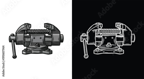 Bench vice illustration in different styles on white and black background.