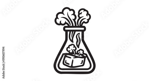 A laboratory flask illustration containing a chemical reaction with smoke and vapor rising from the container in a scientific setting