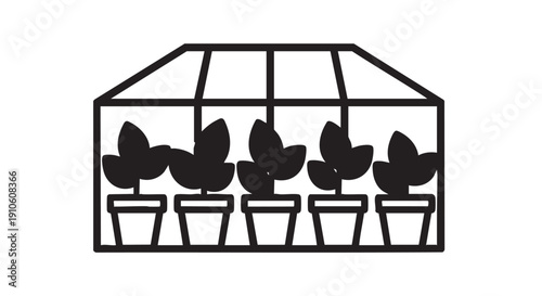 Illustration of plants growing in pots inside a greenhouse viewed from the side