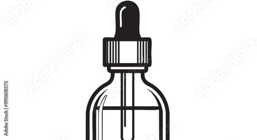 A black and white illustration of a glass dropper bottle with liquid inside on a plain background