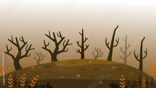 dry autumn forest on hill with bare trees and brown ground