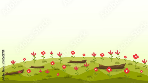 beautiful green meadow with colorful flowers and fallen logs under clear sky