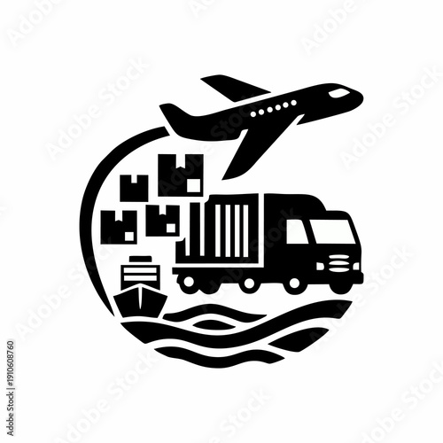 Global Logistics and Worldwide Delivery Service Icon Set with Plane, Truck, Ship, and Cargo Boxes