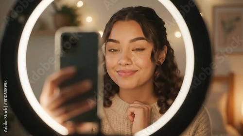 A cozy art illustration shows a young woman recording a vlog on her smartphone with a ring light. This is perfect for content about social media, content creation, and remote work.