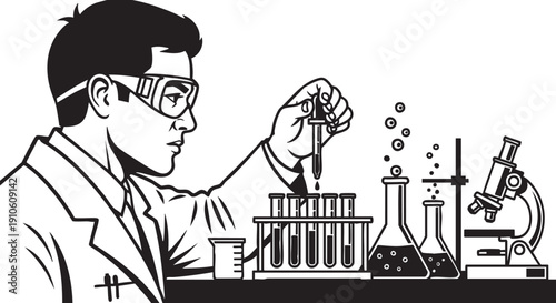 Scientist conducting laboratory experiment with various equipment and chemicals in a detailed illustration
