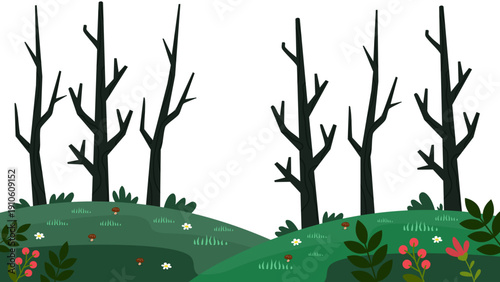 dark spooky forest with dead bare trees on rolling green hills