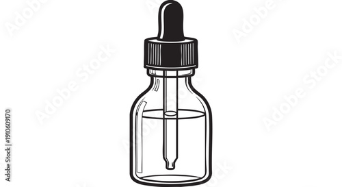 A clear glass dropper bottle with liquid inside is illustrated from a front viewpoint.